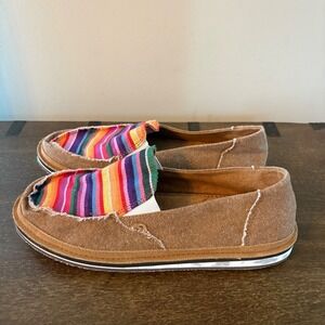 Lamo‎ Womens Brown Canvas Striped Slip On Loafers 10 Raw Edge Casual Shoes Beach